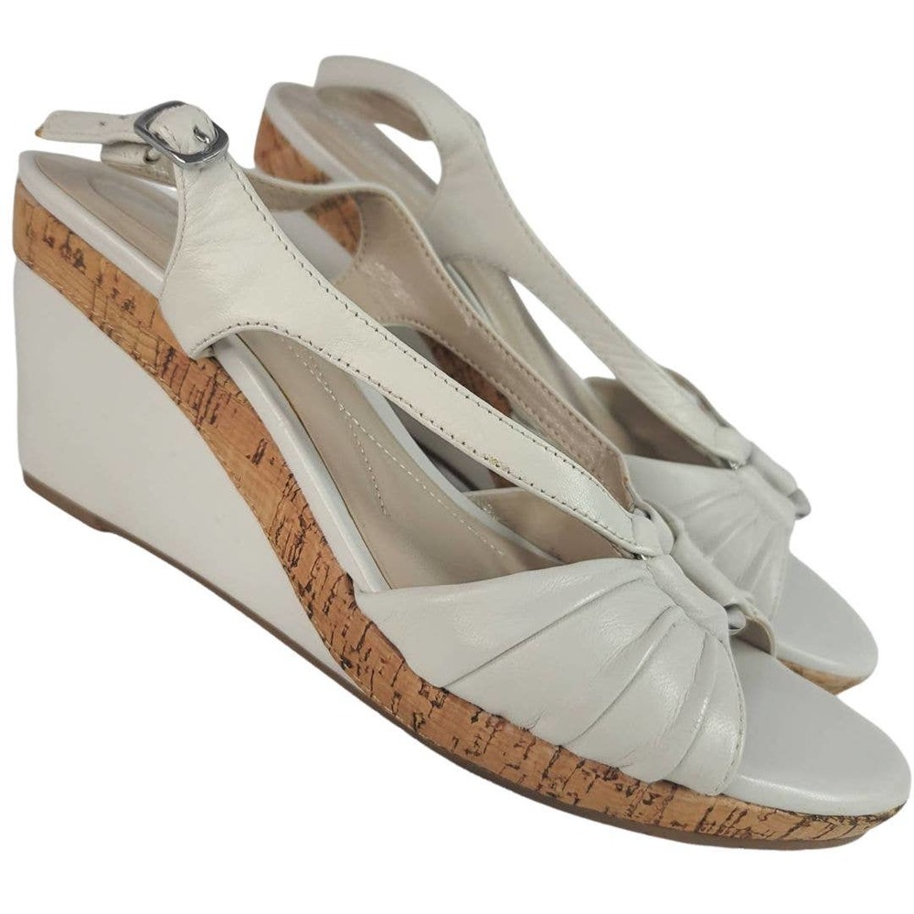 Andrew Geller Wedge Sandals 9M Cork Leather Strappy Feng Ivory Cream
